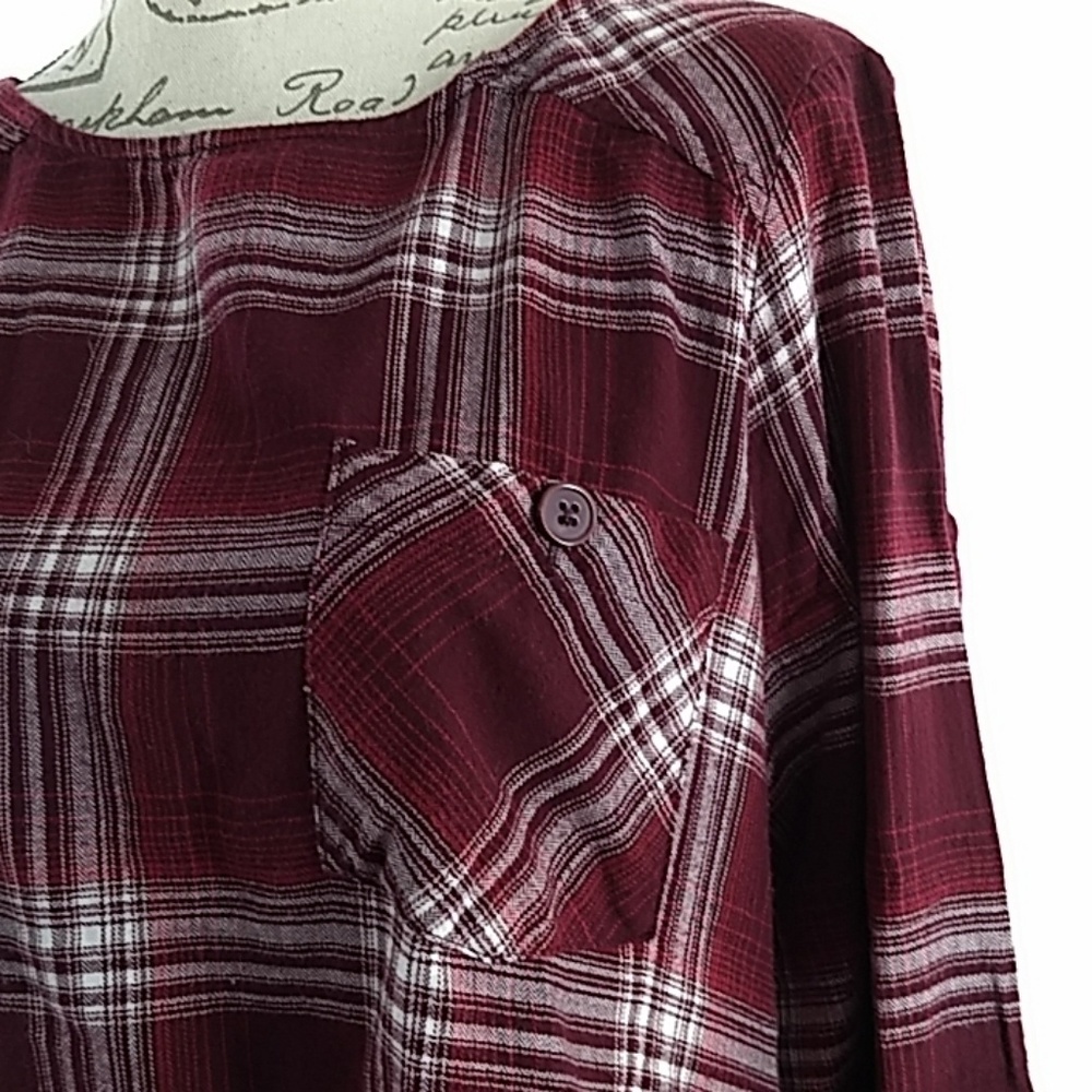 Red White Plaid Cotton Flannel Top Long Sleeves L
